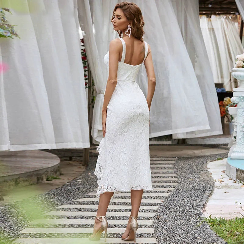 Gaun Perkahwinan Renda Putih Dengan Split Pernah Pretty Elegant A Line Sweetheart Asymmetrical Hem Midi Wedding Party Gown