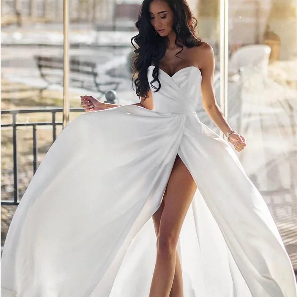 Simple Plain Beach Wedding Dress Plus Size Sexy Sweetheart Sleeveless Side Slit Bridal Gowns Vestido De Noiva Mariage Customized 14w