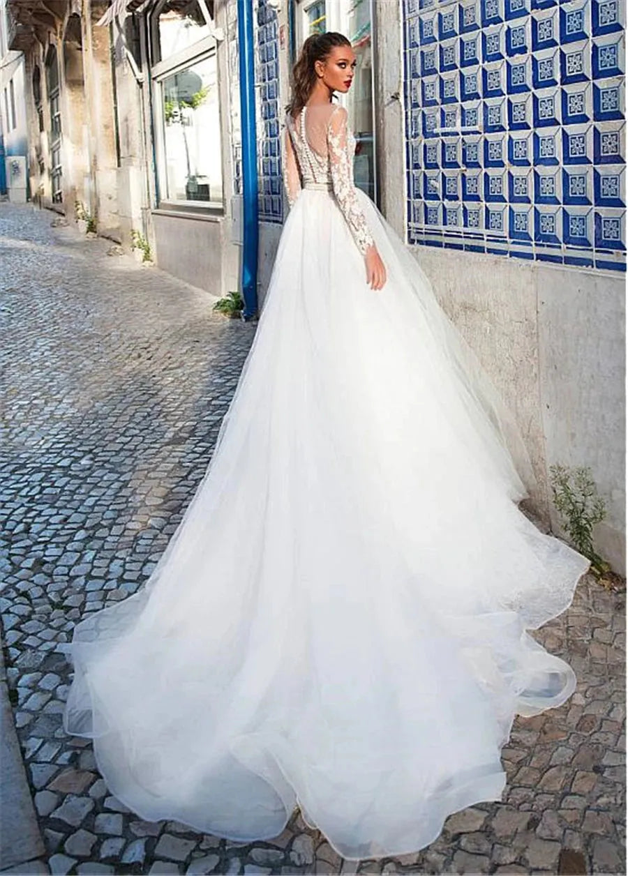 Illusion Scoop Neck Beaded Applique Lace Crystal Belt Tulle A-line Wedding Dress Long Sleeve vestidos de novia 2021 Wedding Gown Same as picture