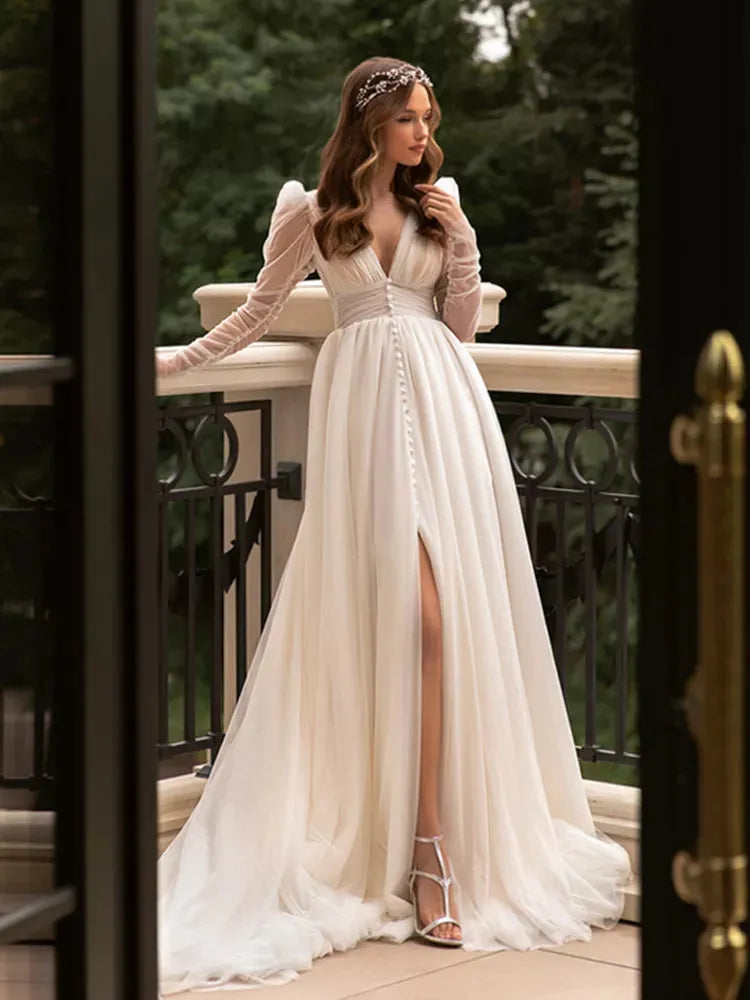 Fairy Ivory A Line Wedding Dress Long Sleeve V Neck Bride Dress Puff Tulle Side Split Boho Wedding Gowns 100cm