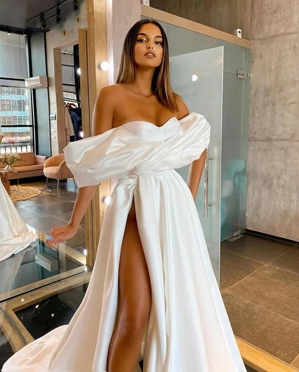 Satin Wedding Dress Off Shoulder High Slit Strapless Draped Women Formal Gowns Elegant Short Sleeves Bridal Dresses Vestidos Customized Color 2