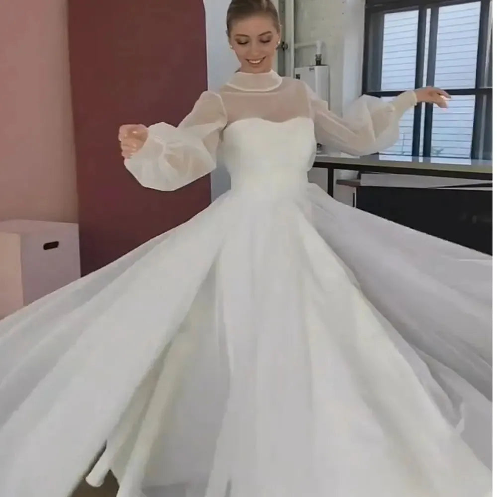 Graceful A Line Wedding Dress Long Puff Sleeve High Neck Bridal Gown Beach Simple Floor Length Back With Bopw Custom Made 14w