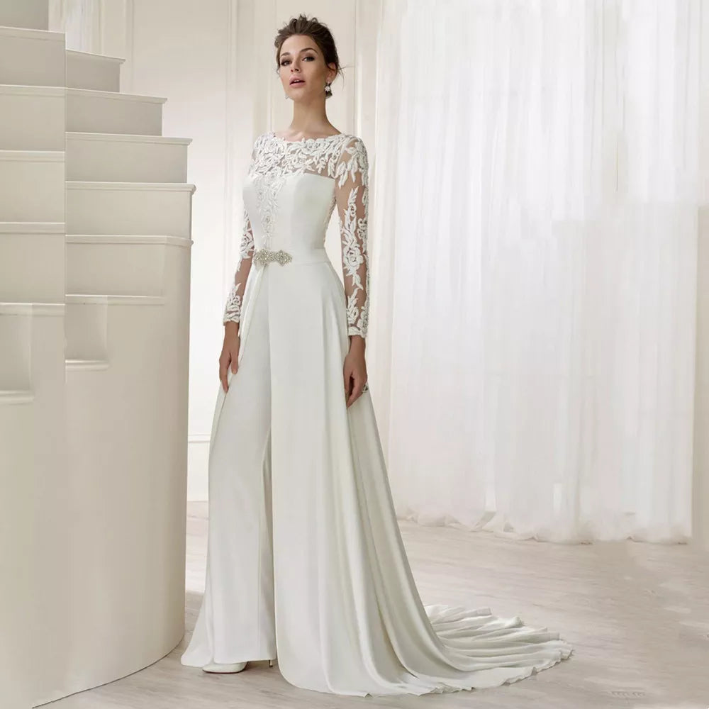 Jumpsuit Lace Wedding Dresses dengan kereta api yang boleh dilepaskan lengan panjang o-neck gaun pengantin putih formal manik vestidos de novia