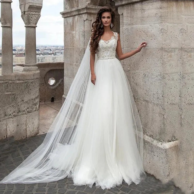 Wedding Dresses Sexy Spaghetti Backless Lace Appliques Bridal Gowns With Sheer Cape Bow Beach Wedding Gowns trouwjurk 14w