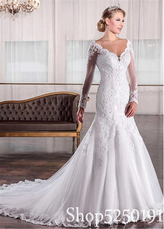 2021 Luxury V-neck Tulle With Applique Lace Mermaid Wedding Dress With Long Sleeve Wedding Gowns vestido de noiva