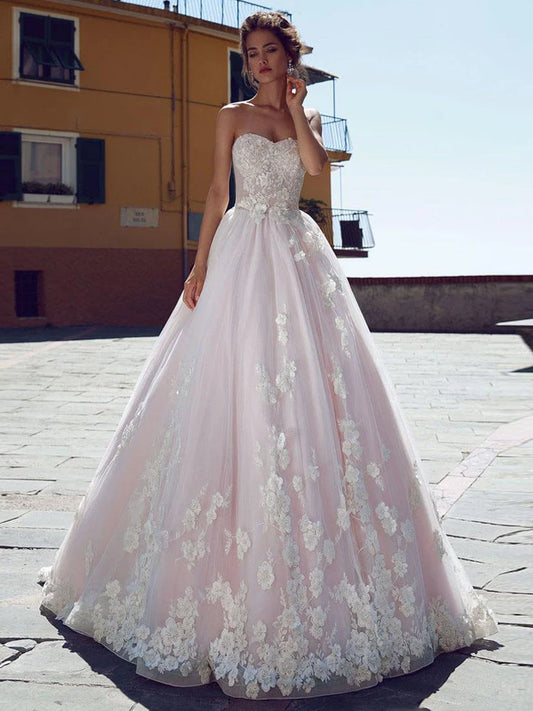 Elegant Pink Beach Wedding Dresses Boho Strapless Back Lace-up Bridal Gown Tulle Princess Vintage Wedding Gown Sweep Train