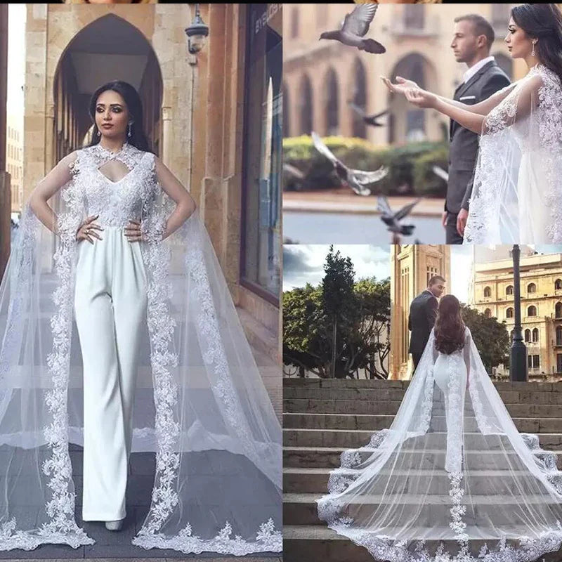 Wedding Dresses Jumpsuit Pants Suit Arabic Dubai Long Cape V Neck Lace Applique Elegant Pants Outfit Bride Women Bridal Gowns