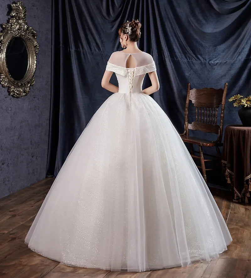 Robe De mariée Lxuury perle col rond robe De mariée à lacets robe De bal classique paillettes Tulle Vestido De Noiva grande taille