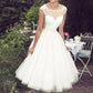 Vestido de novia corto de encaje vintage, largo hasta el té, espalda transparente, mangas casquillo, vestidos de novia elegantes de talla grande para boda en el jardín 