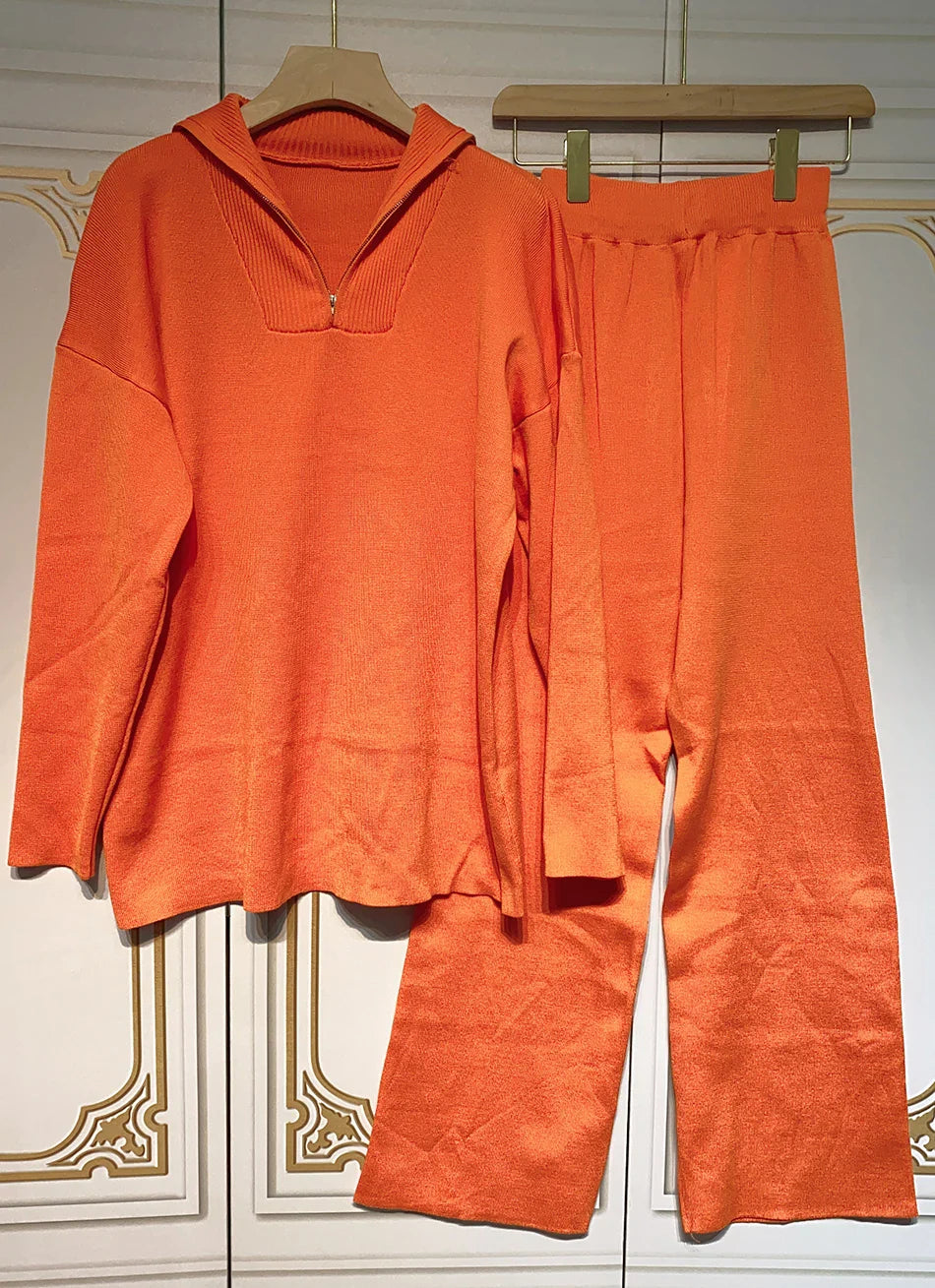 Casual Autumn Loose Knit Sweater Set Fashion Zip Lapel Long Sleeve Pullover Sweater & Straight Pants Two-piece Set Orange