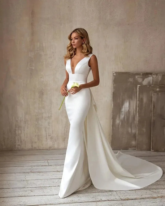 Meerjungfrau Hochzeitskleid abnehmbarer Zug Bow V-Ausschnitt Elegant White Elfenbein Boho Einfacher Brautkleid ärmelloses Vestidos de Novia