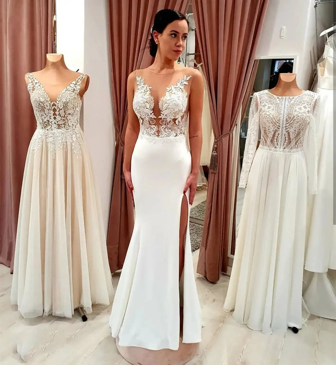 Lace Boho Side Slit Wedding Gown Simple Bohemian Wedding Dress Beach 3D Flowers Sale Rustic Bridal Gowns White For Women Chic 14w