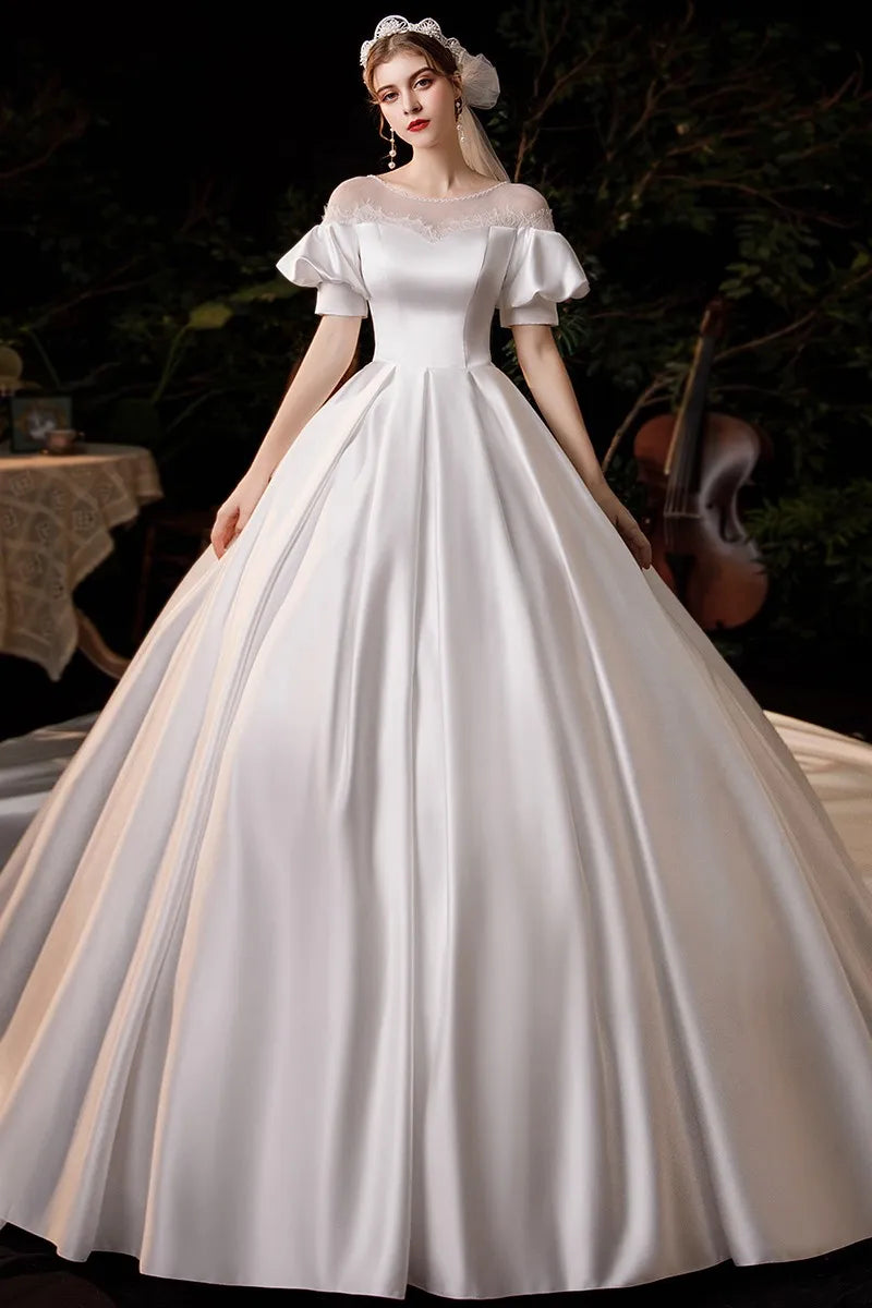 Vestido de Noiva Satin Klasik Baru 1m Kapel Kereta Bola Gown Sweet Puff Sleeve Princess Wedding Dress Plus Ukuran