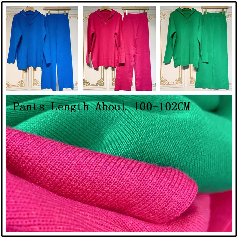 Casual Autumn Loose Knit Sweater Set Fashion Zip Lapel Long Sleeve Pullover Sweater & Straight Pants Two-piece Set