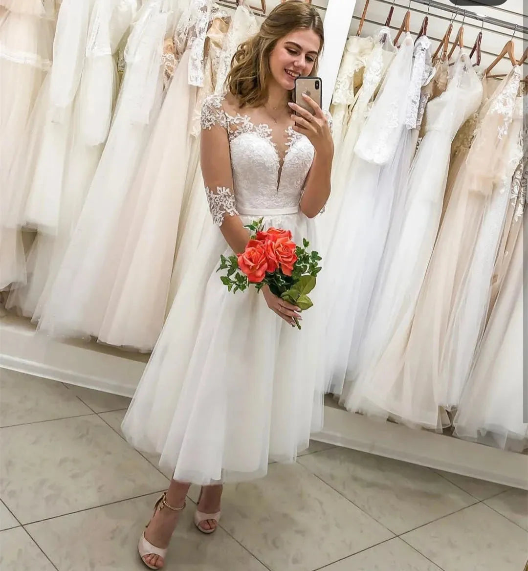 Short Wedding Dress 3/4 Sleeve Princess A-Line Length Knee Lace Appliques Bridal Gown Robe De Mariee For Women 24w