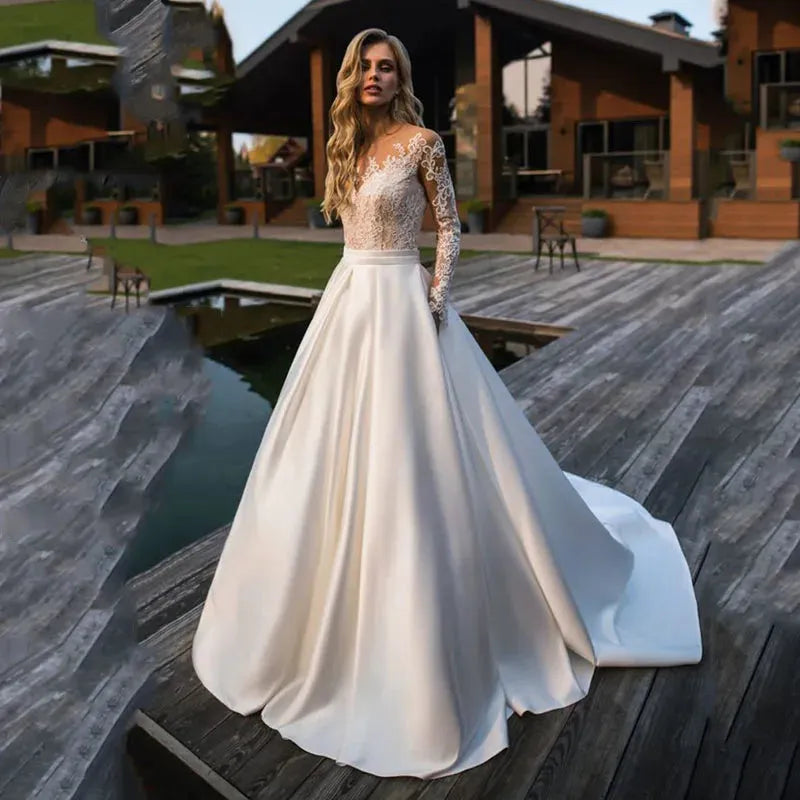 Lace Long Sleeves Satin Wedding Dresses A Line Bridal Gowns 2020 Modest Sheer Wedding Wear Custom Online WHITE