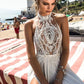 Strand Hochzeitskleid Boho Braut Kleid sexy hohe Seitenschlitzhalter Spitze Top Chiffon Rock Lange rückenfreie Brautkleider