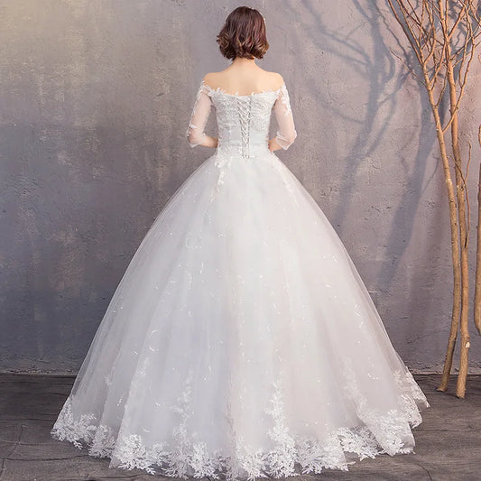 Robe De mariée De luxe en dentelle, col bateau, demi manches, longueur au sol, robe De bal classique, épaules dénudées