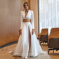 2 keping gaun pengantin satin dengan jaket lengan panjang sederhana putih elegan v leher bunga gaun pengantin sisi berpecah vestido de novia