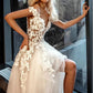 Chic V-neck Tulle With Applique Lace Cap Sleeves A-line Backless Wedding Dress vestido noiva