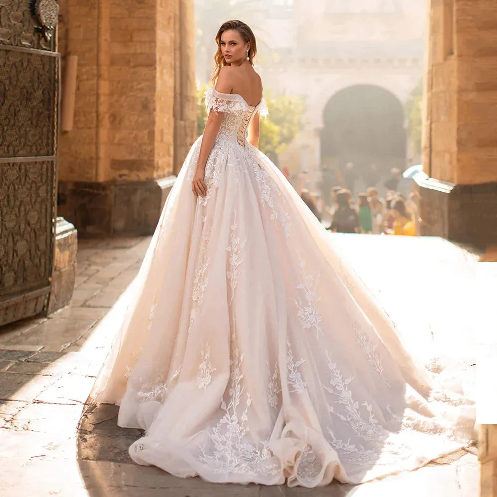 Gorgeous Ball Gown Wedding Dress Exquisite Off The Shoulder Sweetheart Lace Glitter Tulle Sweep Train Corset Bridal As picture