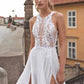 Chiffon Wedding Dresses Sexy Slit High Neck A Line 3D Floral Lace Applique Backless Bridal Dress Wedding Gown Plus Size