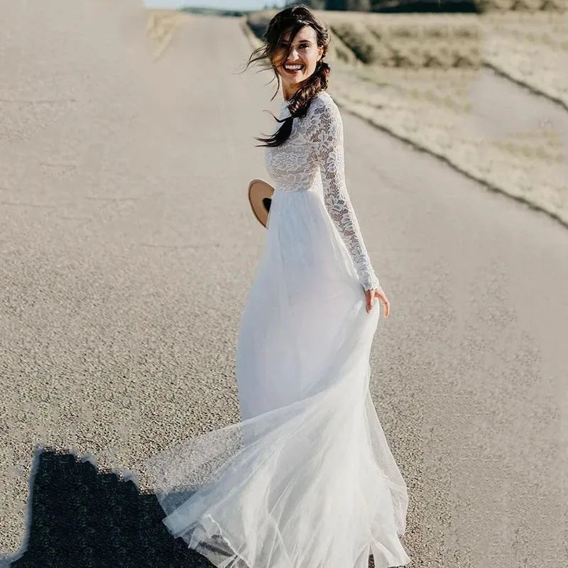 Beach Wedding Dress Modest Long Sleeve White Tulle Lace Dress Bridal Bohemian Wedding Gowns vestidos de novia trouwjurk 14w