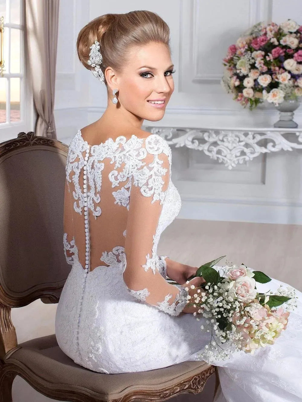 Sweetheart Lace Appliques Slim Mermaid Long Sleeves Wedding Dresses Natural Waistline Bridal Gowns Custom Made Same as picture