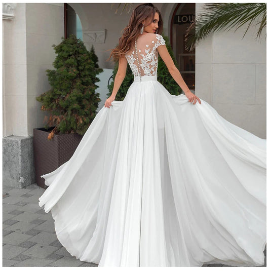 Lengan pendek pakaian perkahwinan pakaian pantai pengantin gaun chiffon renda appliques gaun pengantin putih/gading butang romantis