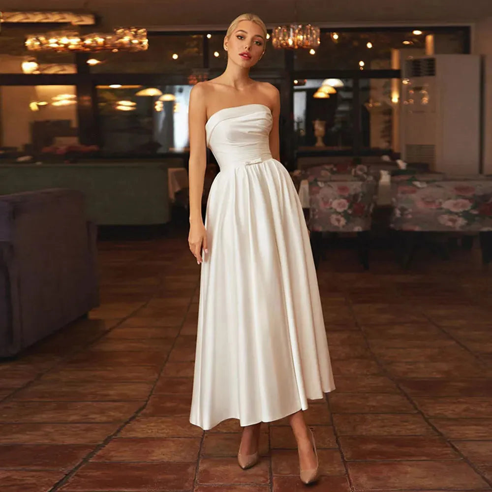 Vintage Satin Wedding Dresses With Pockets Strapless Ankle-Length Simple Bride Dress Lace-Up Back Vestidos Novia Robr De Mariee 14w