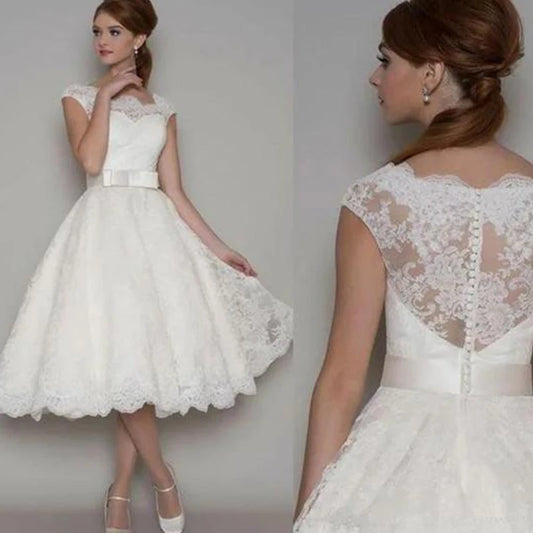 Gaun Perkahwinan Pantai Pendek Putih Adat Membuat Line Bateau Lace Applique Gaun Pengantin Summer Dress Button Back Wedding Gaun