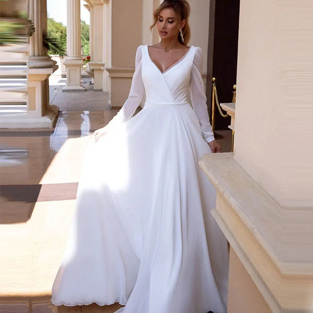 Vestido De novia elegante De gasa con cuello en V, manga larga, vestidos De boda sencillos, vestido De novia con espalda descubierta para mujer, bata De novia 