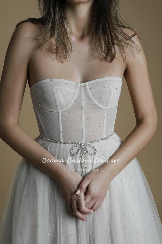 Modern Strapless Short Civil Wedding Dresses Sleeveless Beaded Tulle Tea-Length A-Line Elopement Bride Dresses Open Back