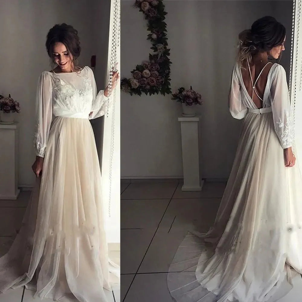 Tulle Boho Wedding Dress Puffy Long Sleeves Vintage Ivory Lace Applique Scoop Neck Champagne Skirt Garden Bride Gown Customized 14w