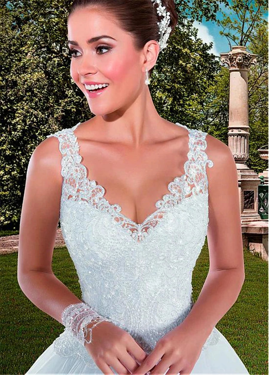 Marvelous Tulle V-neck Neckline A-line Wedding Dresses with Beaded Lace Appliques vestido de noiva Bridal Gowns