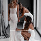 Glitter Tulle Mermaid Wedding Dresses Spaghetti Straps Square Neck Fitted Bridal Gowns Backless Bride Dresses