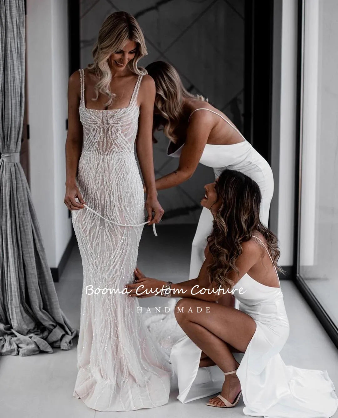 Glitter Tulle Mermaid Wedding Dresses Spaghetti Straps Square Neck Fitted Bridal Gowns Backless Bride Dresses