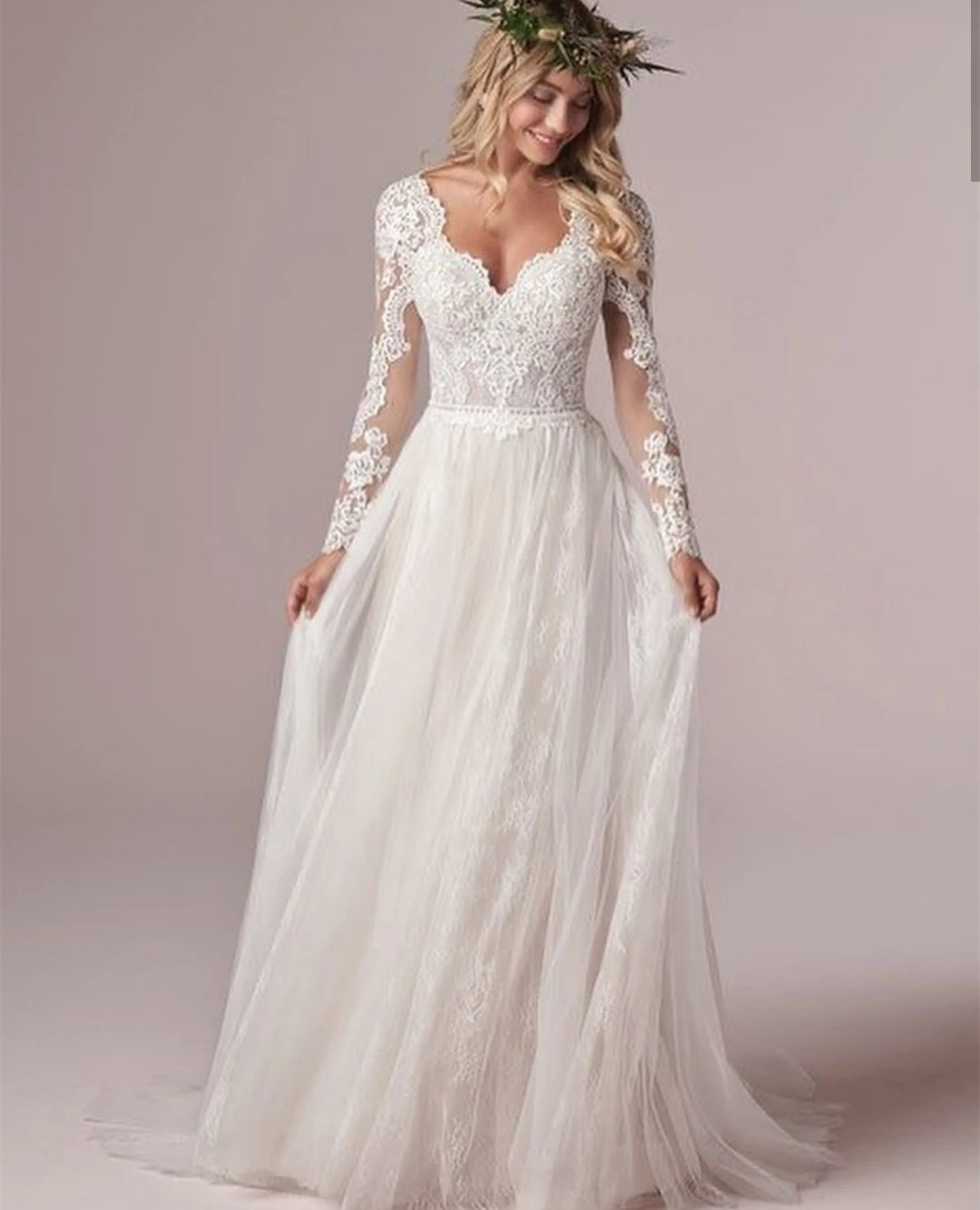 LSYX Bohemian Lengan Panjang Pakaian Perkahwinan Untuk Wanita Korset Rendah Lantai Lantai Renda Panjang Lace White Tulle Chiffon Gaun Pengantin