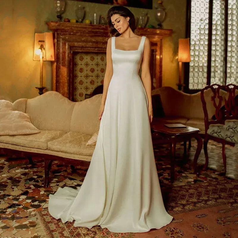 Sexy Backless Wedding Dress A-Line Square Neck Sleeveless Satin Sheath Bridal Gowns Ivory Brides Dress Customize Made For Lady 14w