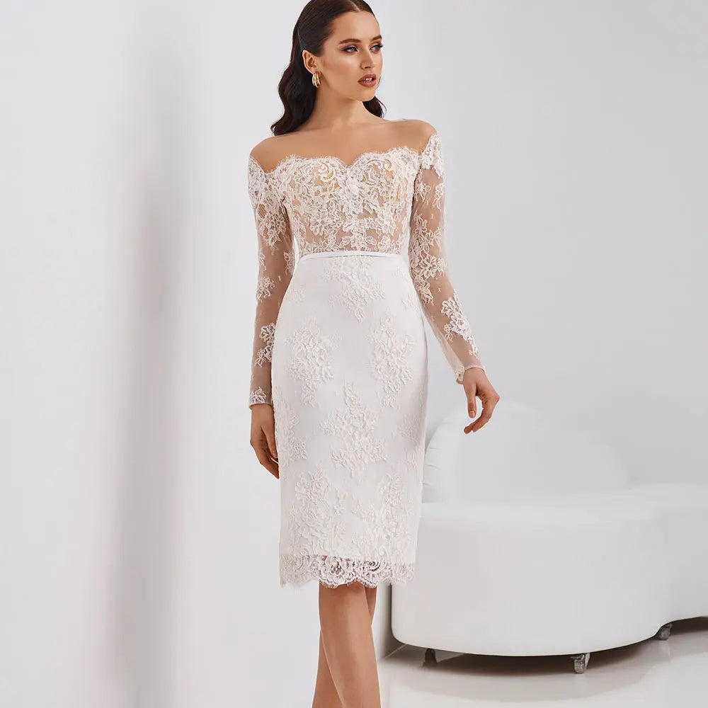 שמלת כלה תחרה קצרה אלגנטית מהכתף שמלת כלה שרוול ארוך וינטג 'בהתאמה אישית תוצרת פלוס גודל vestidos de novia
