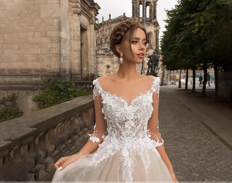 Champagne Tulle Wedding Dresses with Three Quarter Sleeve Lace Appliques Bridal Gown Illusion Back Button Sweep Train Ivory 4