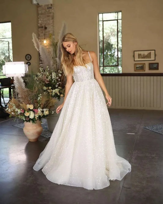 Vestidos de novia brillantes estilo bohemio con escote en forma de corazón y lentejuelas y tirantes finos, vestido de novia de Boda de Princesa, suknia slubna 