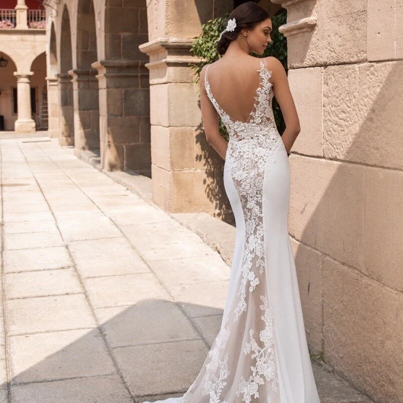 Vestido De Novia De sirena De satén con espalda ilusión, Vestido De Novia con cuello en V, apliques De encaje, batas De Novia, Vestido De Novia moderno