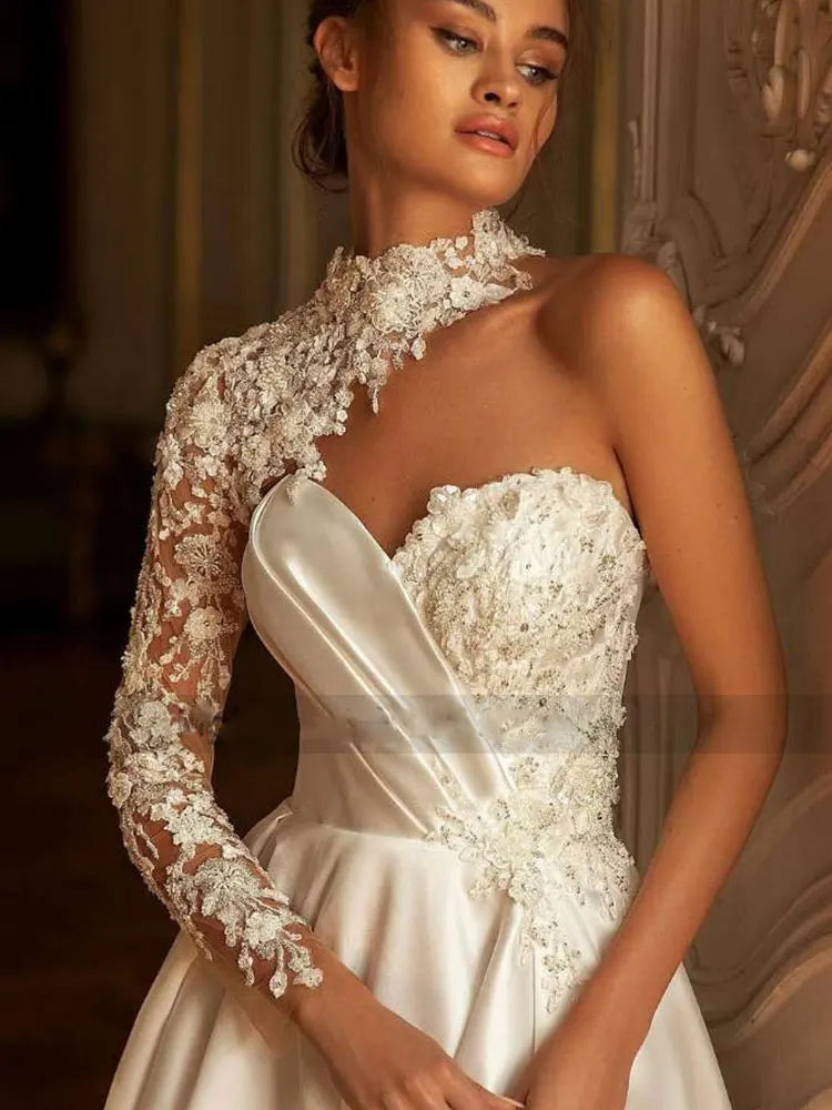 Gaun pengantin panjang lantai moden untuk wanita yang elegan di luar bahu leher Vestido de noviasexy elegan yang elegan