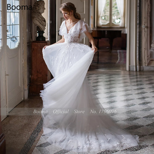 Pakaian perkahwinan v-leher yang menjunam ruffles criss cross illusion a-line pengantin gaun pengantin lace backless gaun pengantin panjang
