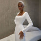 Gading A Line Satin Wedding Dress Square Long Puff Sleeves Gaun Pengantin Dengan Pengantin Sabuk Pakaian Vestido de Novia