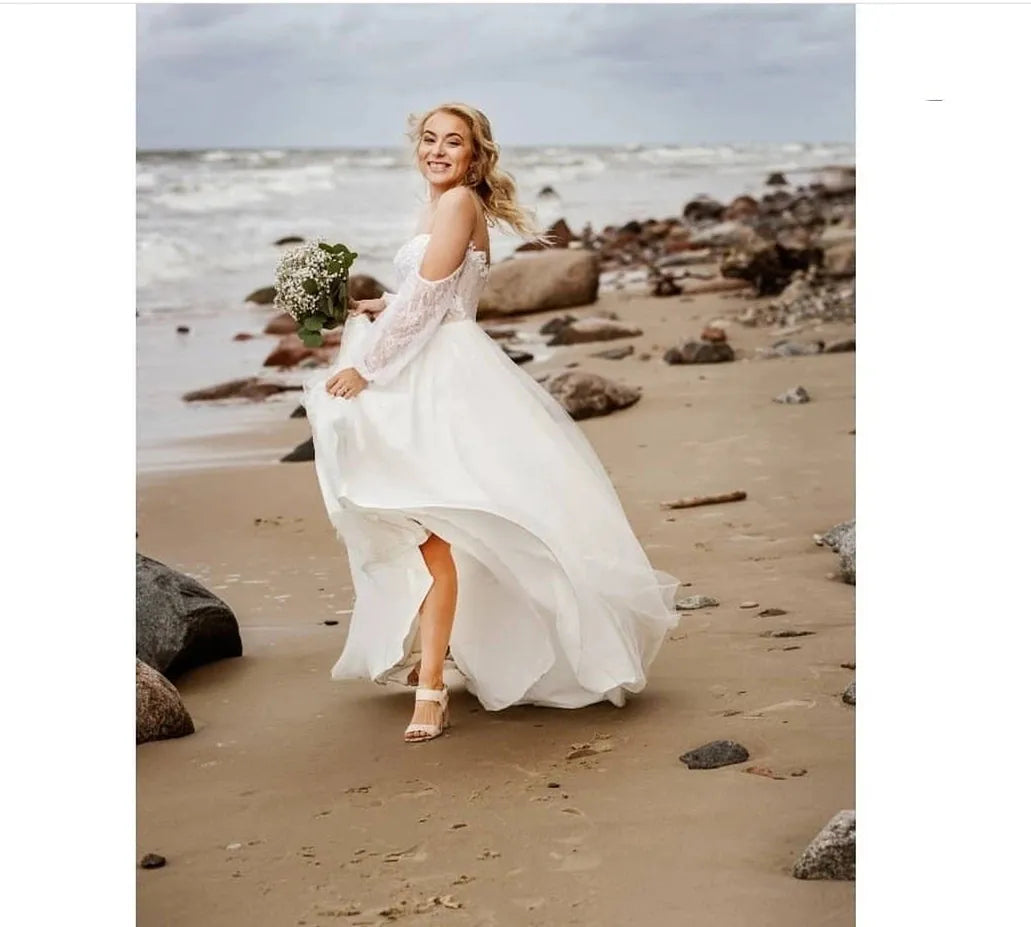 Boho Bride Dress Bohemian Beach Wedding Dress Low Back Floor Length Chiffon Long Puff Sleeve Bridal Gowns For Women Sweetheart Champagne 24w