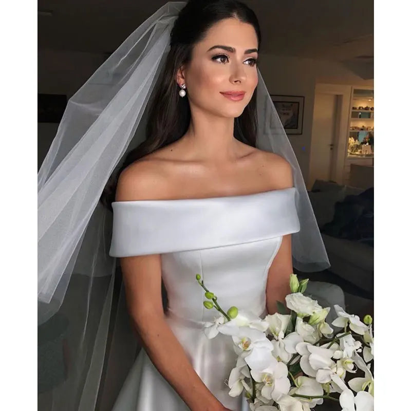 Vestitido de novi abiti da sposa in raso dalla spalla longue tone de soiree semplice sposa per essere плать e Vestidos de Fiesta