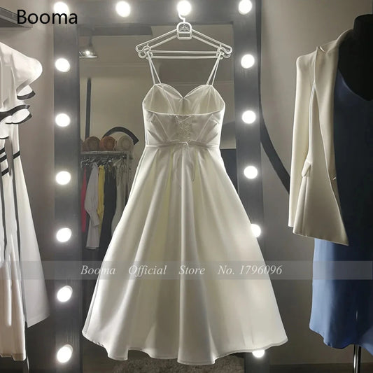 Gaun Pengantin Pendek Sederhana Tali Spaghetti A-Line Satin Bride Dresses Sweetheart Lace Up Bridal Gowns Vestidos