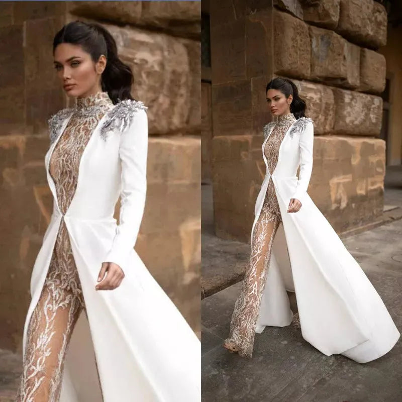 Sexy Open Back Pant Suit Vintage Champagne Wedding Jumpsuit With Long Coat Jacket Lace Applique Beaded High Neck Two Pieces